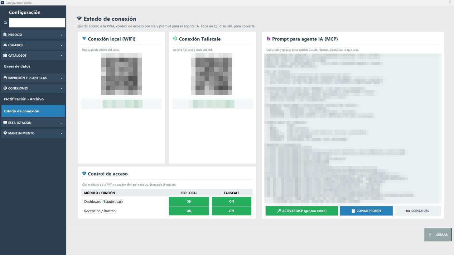 Assistant — tarjeta Prompt para agente IA (MCP) en Conexiones, con QRs, direcciones y prompt censurados