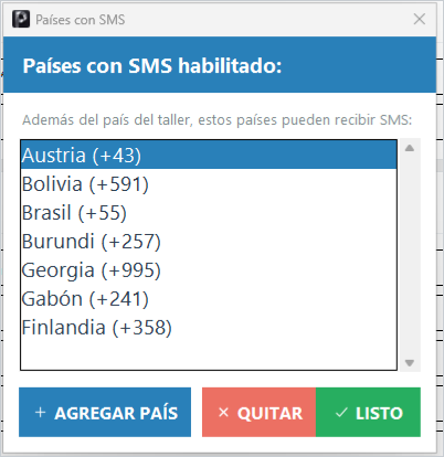 Ventana para agregar y quitar países con SMS