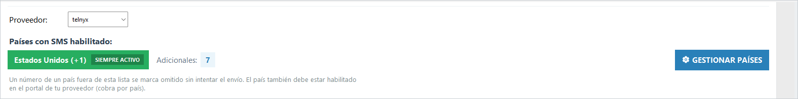 Selección del proveedor y países habilitados